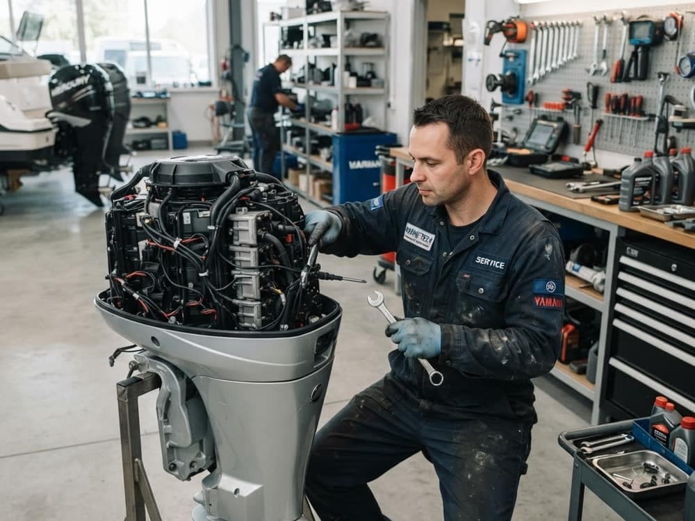 A marine engineer servicing a boat outboard engine