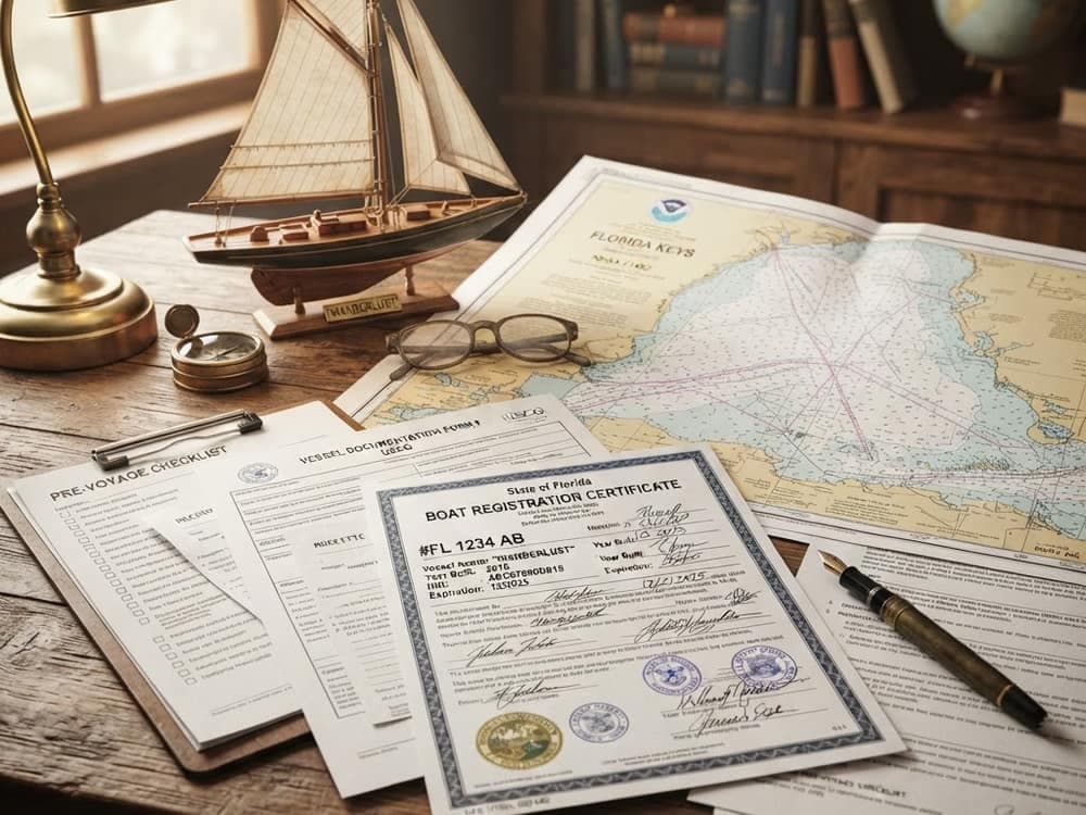 Boat registration documents and nautical charts on a desk