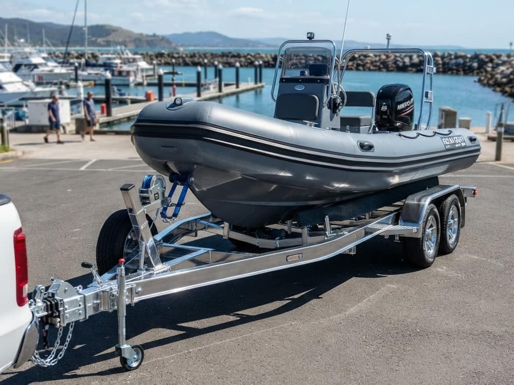 Um atrelado de barco em aço inoxidável com um RIB carregado